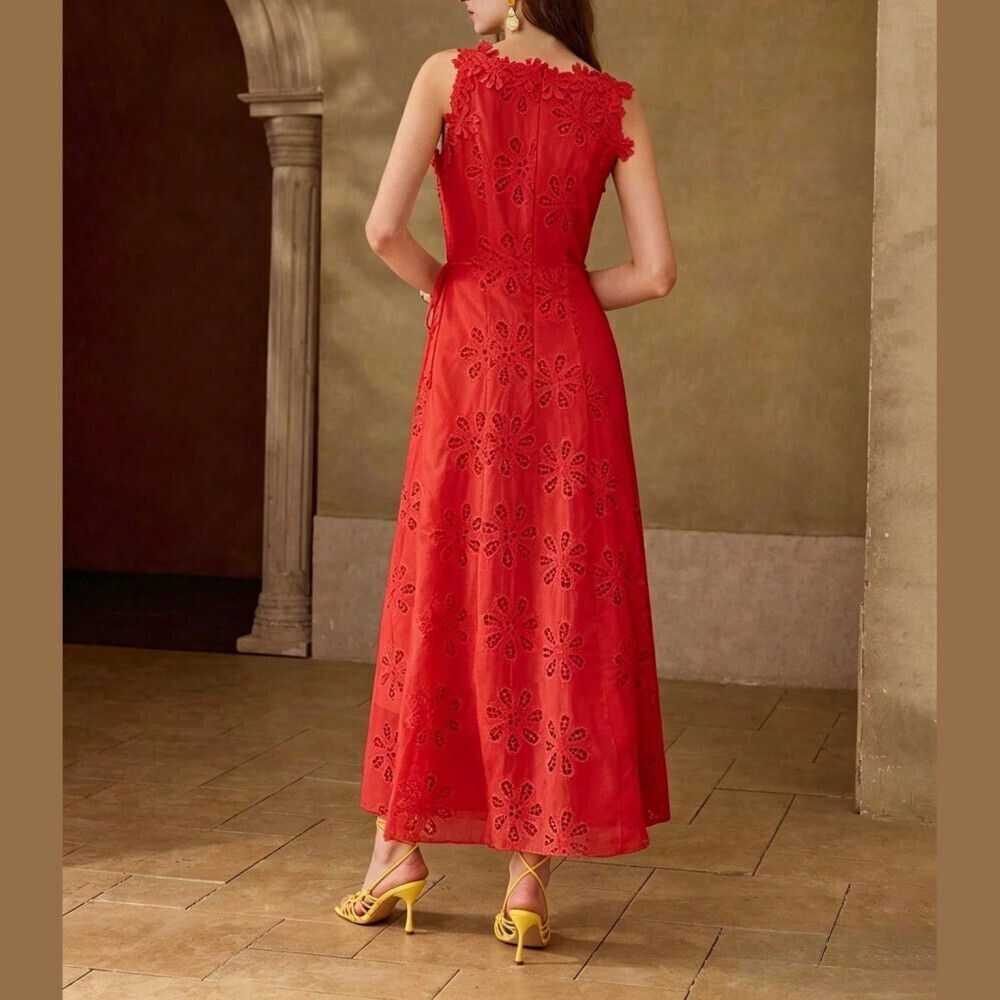 Red Floral Lace Applique Maxi Dress with Tie Waist - Picture 3 of 7